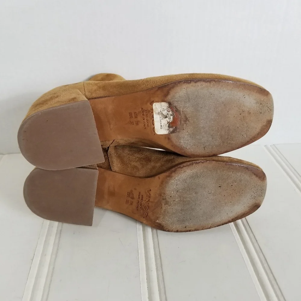 Vince Ostend Ankle Boots 7 Ostend Suede Side Zip Block Heel Roasted Nut Brown